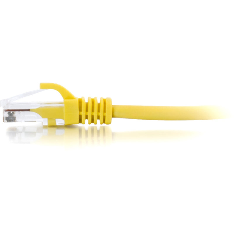 Side profile of yellow Cat5e ethernet cable connector showing streamlined design