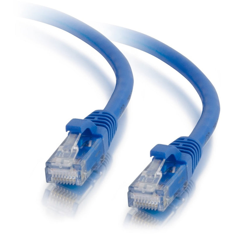 Close-up of blue Cat5e ethernet cable showing RJ-45 connectors with snagless boots