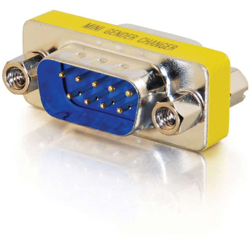 C2G DB-9 Mini Gender Changer showing side view with yellow band and blue pin interface