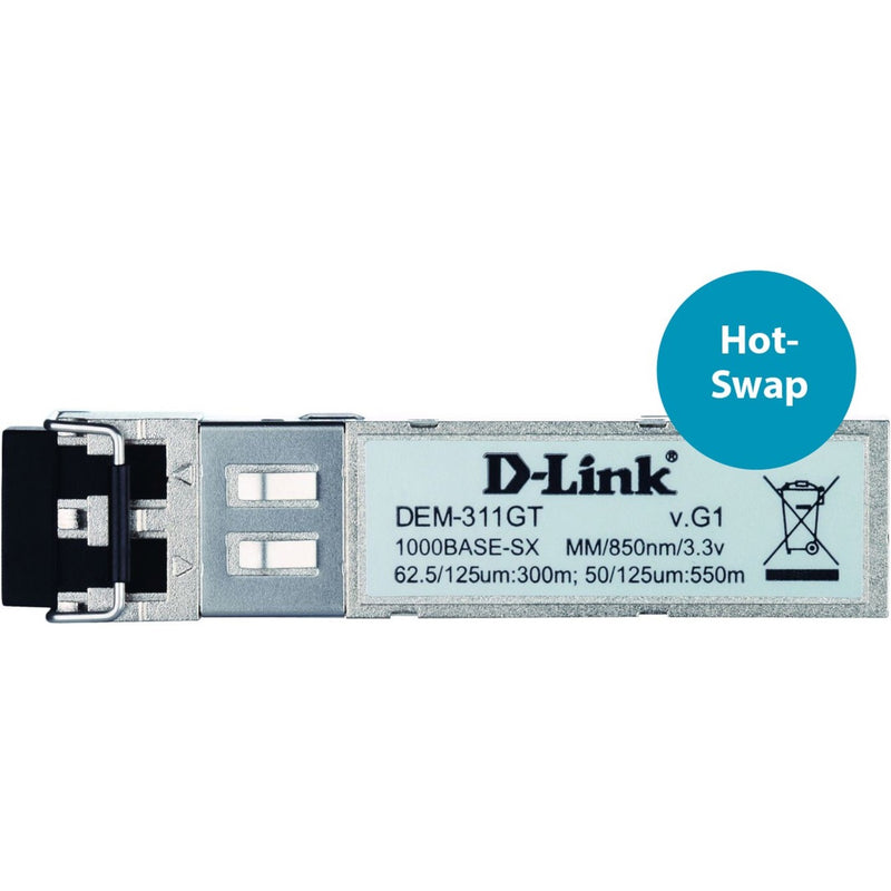 D-Link DEM-311GT 1000Base-SX SFP transceiver module with hot-swap capability and metal housing