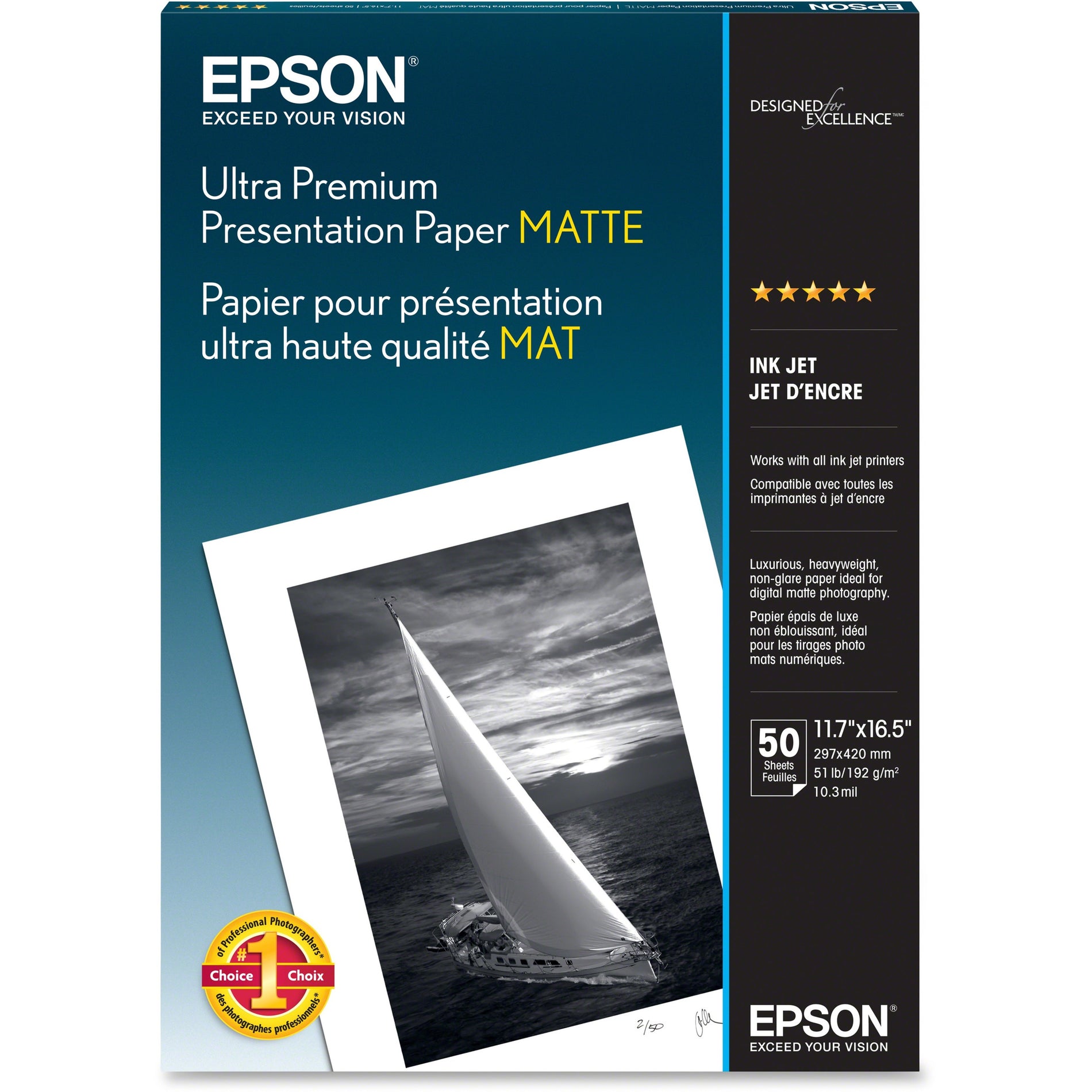 Epson S041343 Ultra Premium Matte Presentation Paper, Instant Drying, High Color Gamut, 1440 dpi Printer Compatibility, Heavyweight Stock, Water Resistant