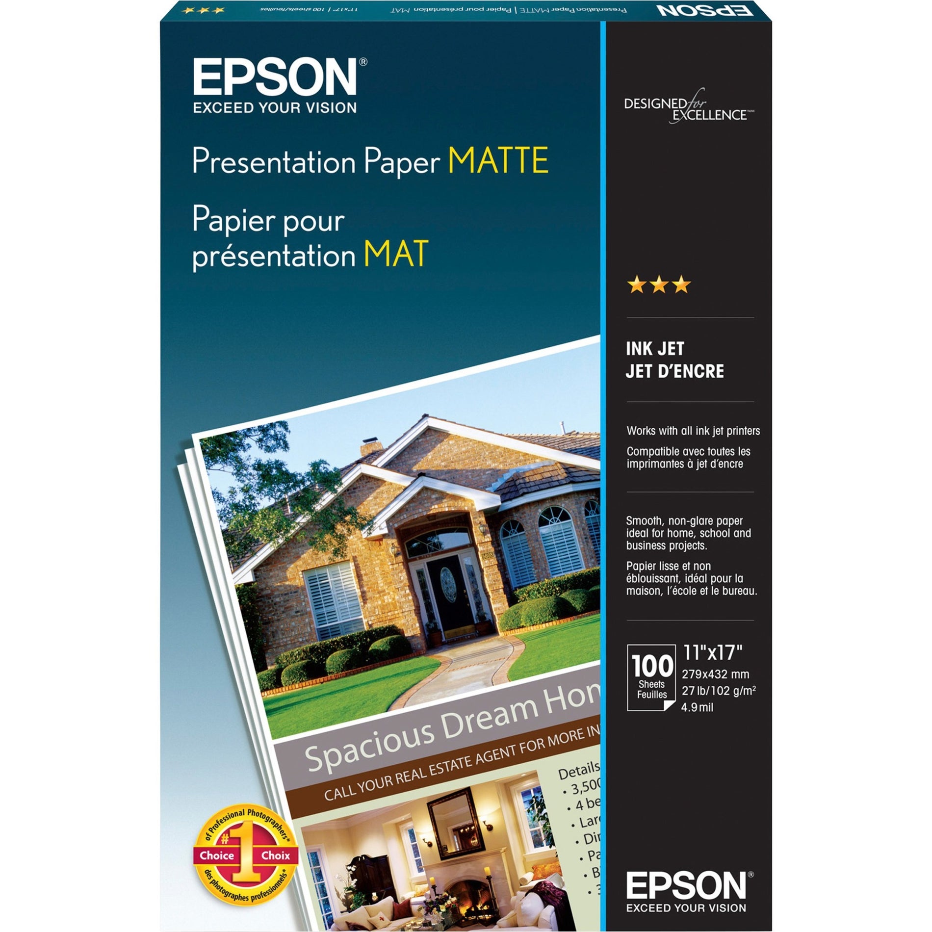 Epson S041070 Matte Inkjet Presentation Paper, 11" x 17", 27 lb, 100/Pack
