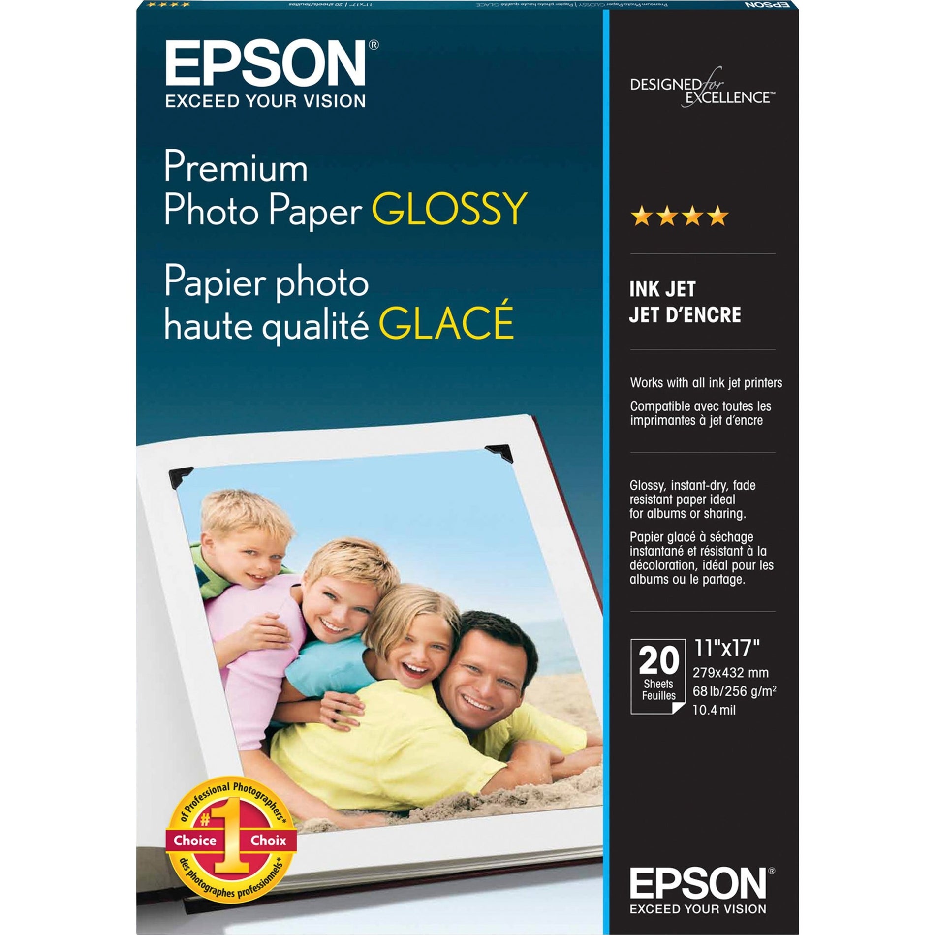 Epson S041290 Premium Glossy Photo Paper, 11"x17", 20/PK, Smudge and Water-Resistant Quick Dry Surface