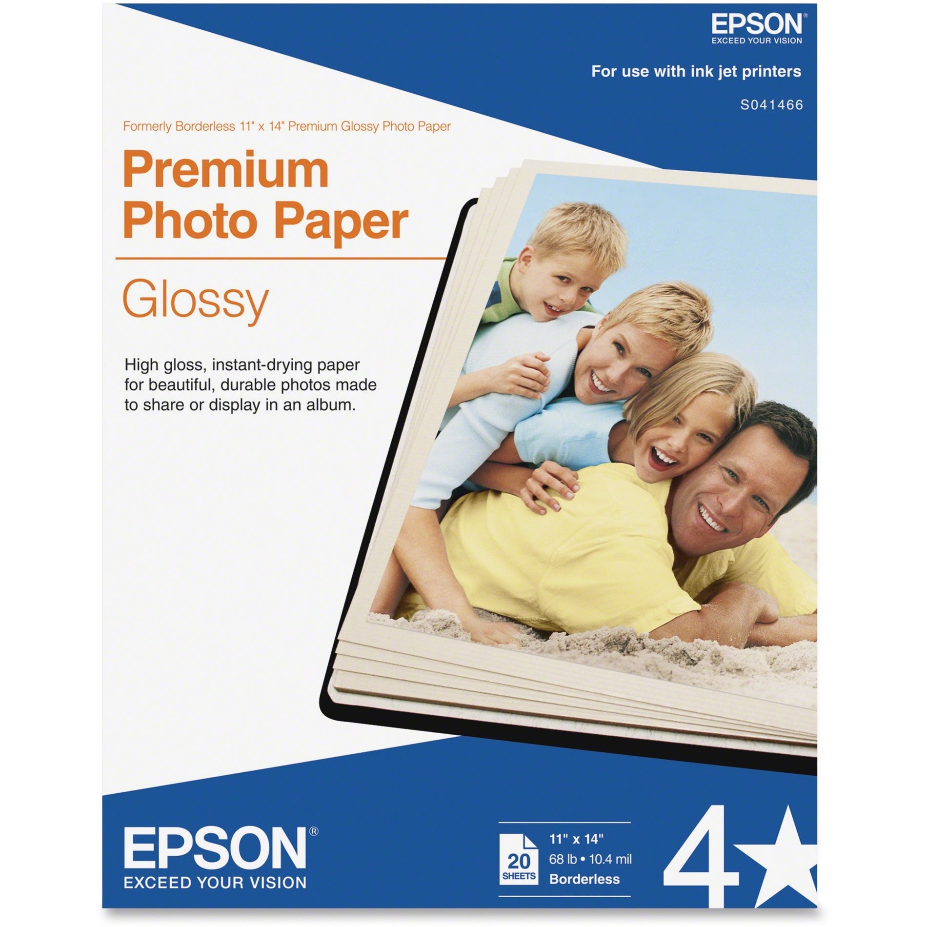 Epson S041466 Glossy Photo Paper, Smudge and Water-Resistant Quick Dry Surface, Traditional Photograph Look and Feel