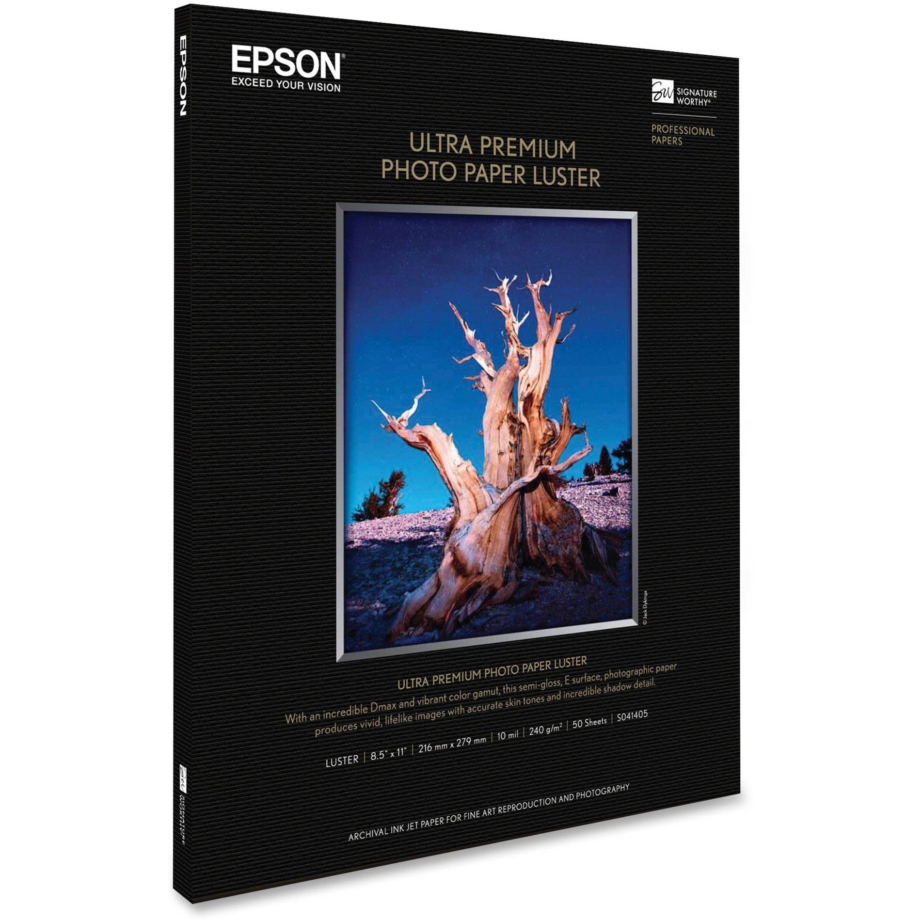 Angled side view of Epson Ultra Premium Luster Photo Paper package showing product specifications and sample nature photography-alternate-image2