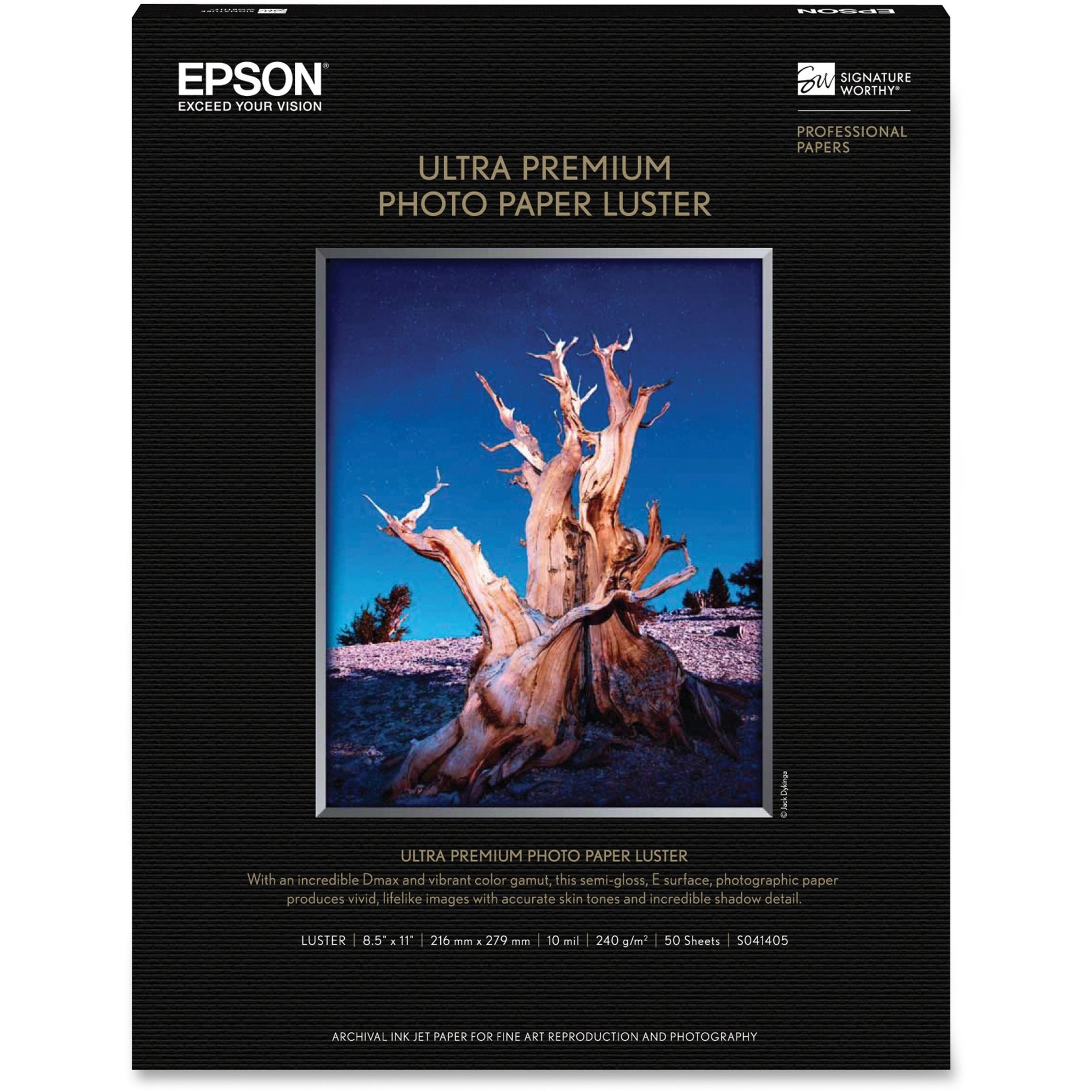 Front view of Epson Ultra Premium Luster Photo Paper package featuring a dramatic photograph of an ancient bristlecone pine tree against a blue sky-alternate-image1