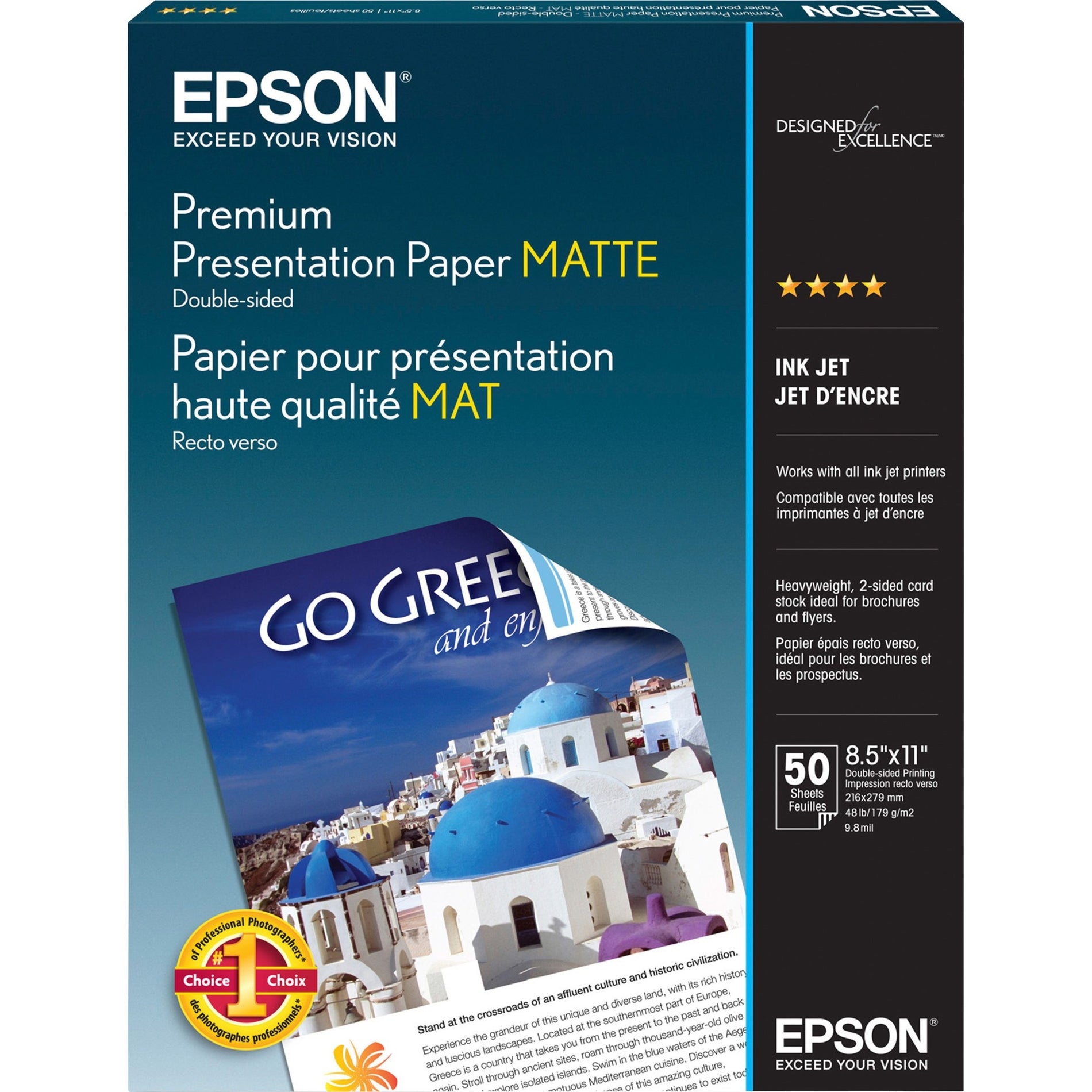 Epson S041568 Premium Double-sided Matte Paper, 44 lb, 8 1/2" x 11", 50/Pack