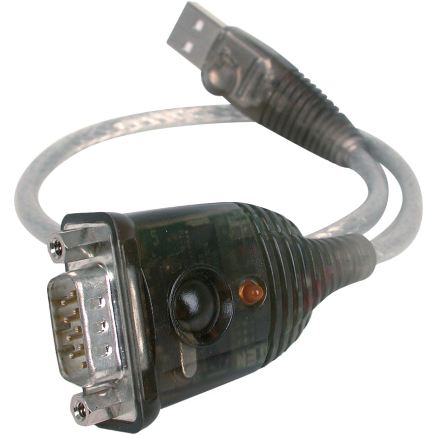 Close-up view of IOGEAR USB to Serial adapter showing LED indicator and DB-9 connector detail-alternate-image2