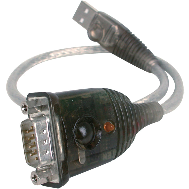 Close-up view of IOGEAR USB to Serial adapter showing LED indicator and DB-9 connector detail