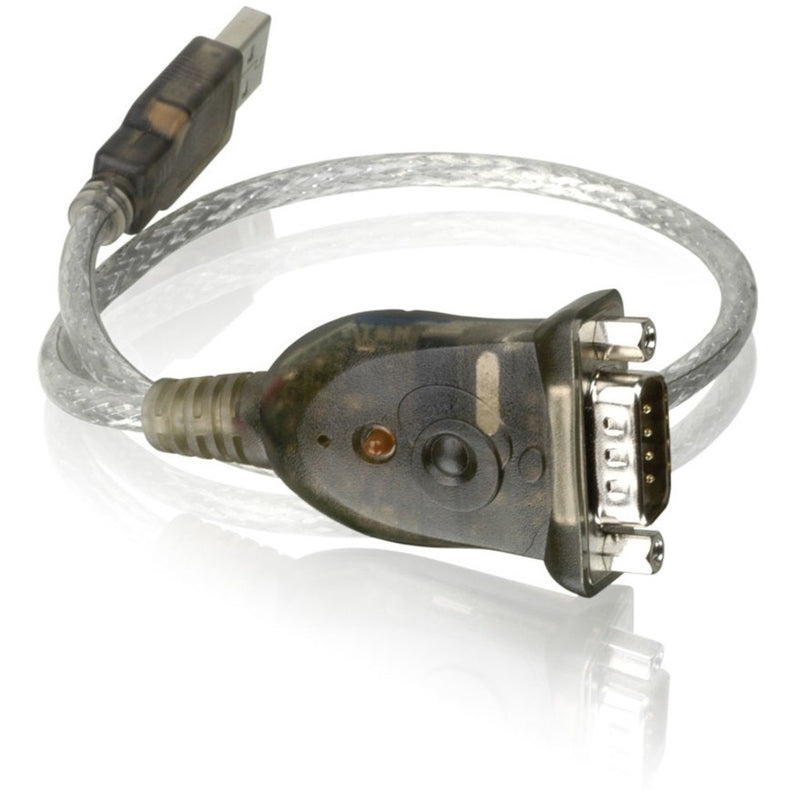 IOGEAR USB to Serial RS-232 adapter showing DB-9 connector and clear cable housing with USB Type-A end