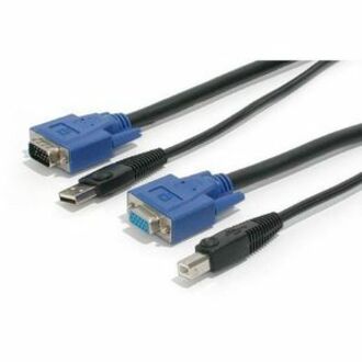 StarTech.com 15ft 2-in-1 USB KVM cable showing dual-ended connections with blue VGA connectors and black USB connectors