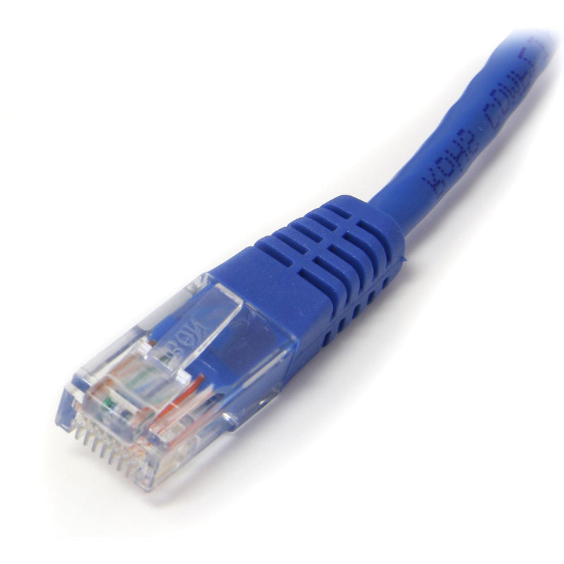 Detailed view of RJ45 connector strain relief boot and cable jacket on StarTech Cat5e ethernet cable