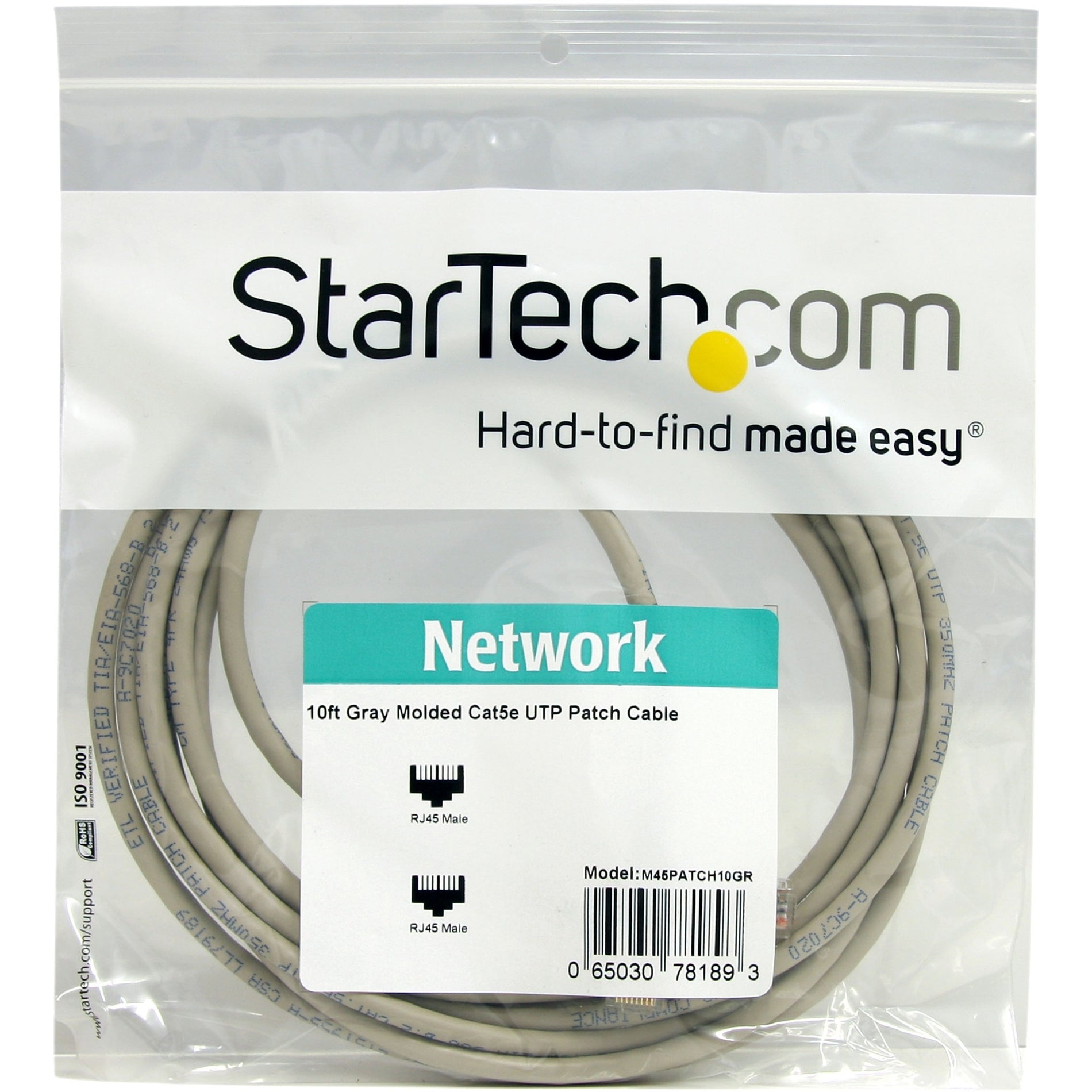 StarTech.com M45PATCH10GR 10ft Gray Molded Cat5e UTP Patch Cable, Lifetime Warranty, 50-micron Gold Connectors