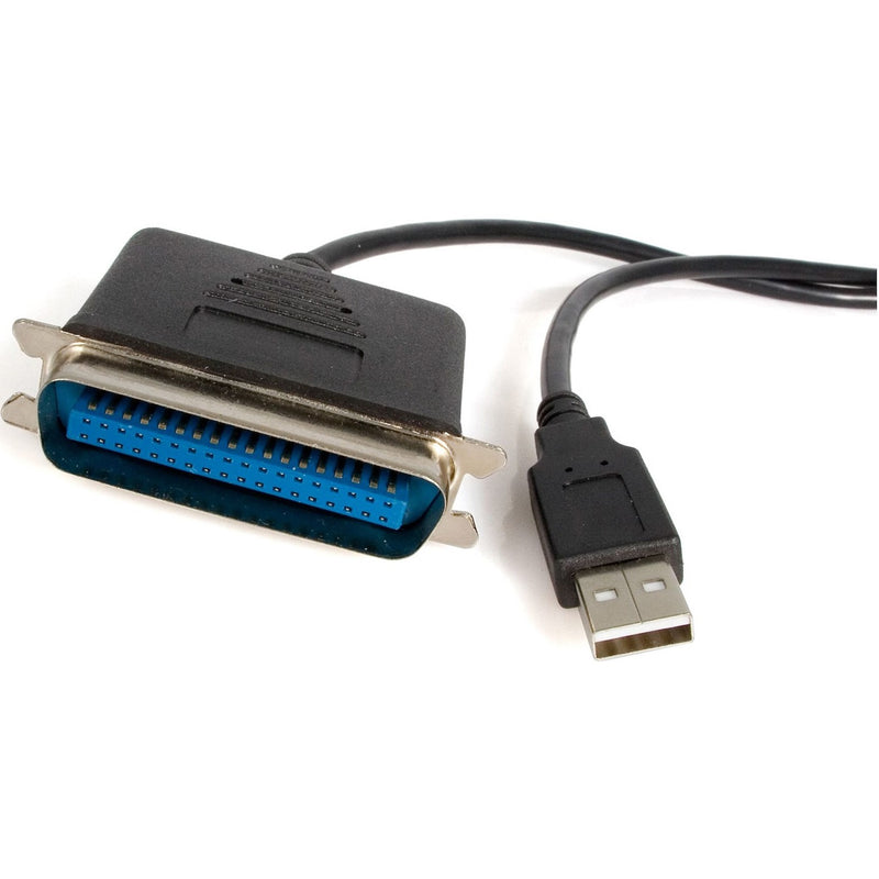 USB to Centronics parallel printer adapter showing the 36-pin parallel connector end and cable