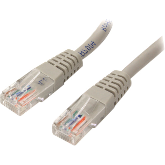 Detailed view of StarTech.com Cat5e cable RJ45 connectors showing copper conductors and strain relief design