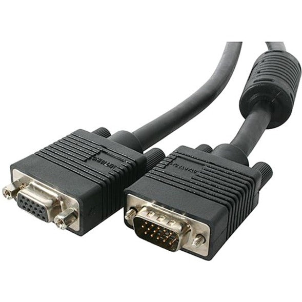 Close-up of StarTech.com VGA extension cable showing male and female HD15 connectors with EMI protection