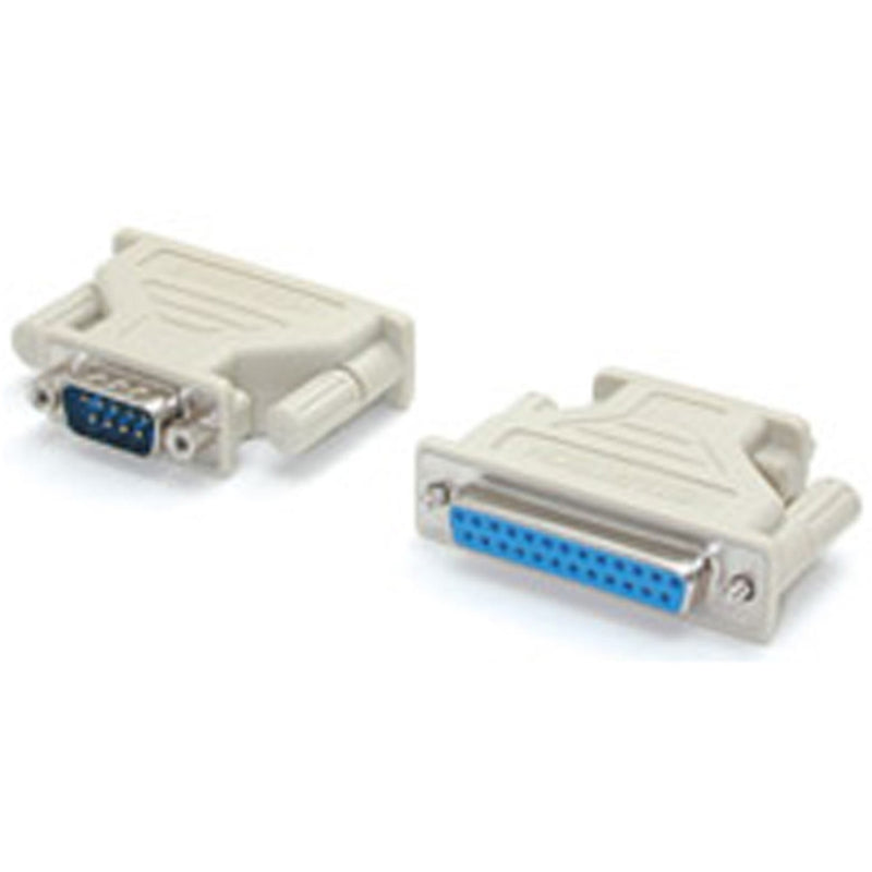 StarTech.com DB9 to DB25 serial adapter showing male 9-pin and female 25-pin connectors in beige color