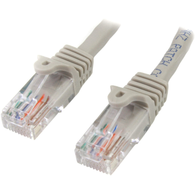 Close-up view of two RJ45 connectors on StarTech.com gray Cat5e patch cable showing gold-plated pins and snagless boots