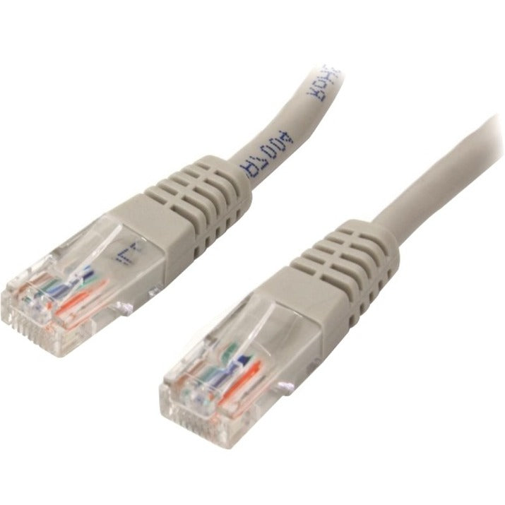 Close-up view of RJ45 connectors on StarTech Cat5e patch cable showing gold-plated pins and strain relief