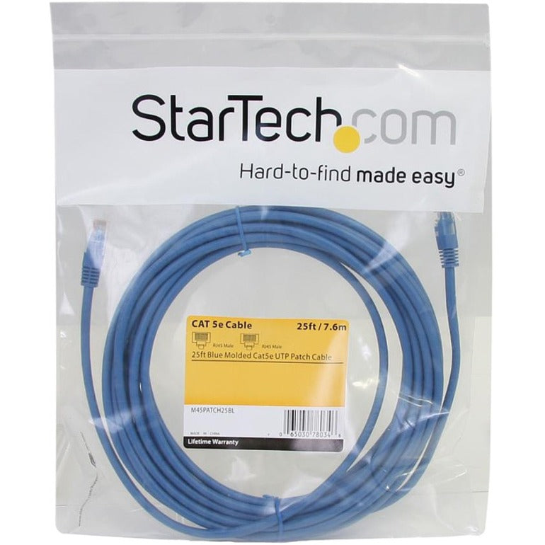 StarTech.com 25ft blue Cat5e UTP patch cable in retail packaging showing coiled cable with RJ45 connectors