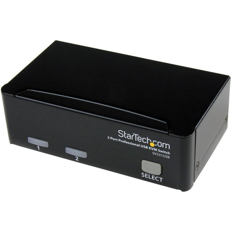 Front view of StarTech.com SV231USB 2-port KVM switch showing port selection buttons and device labeling