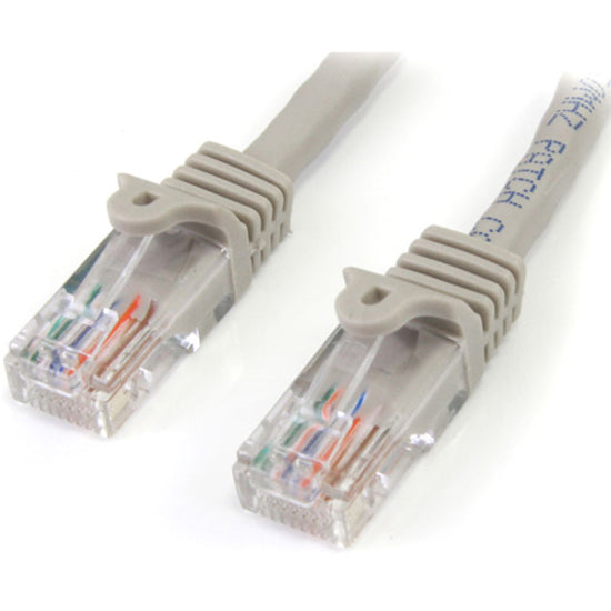 Close-up view of StarTech.com Cat5e cable RJ45 connectors showing gold-plated contacts and snagless boots