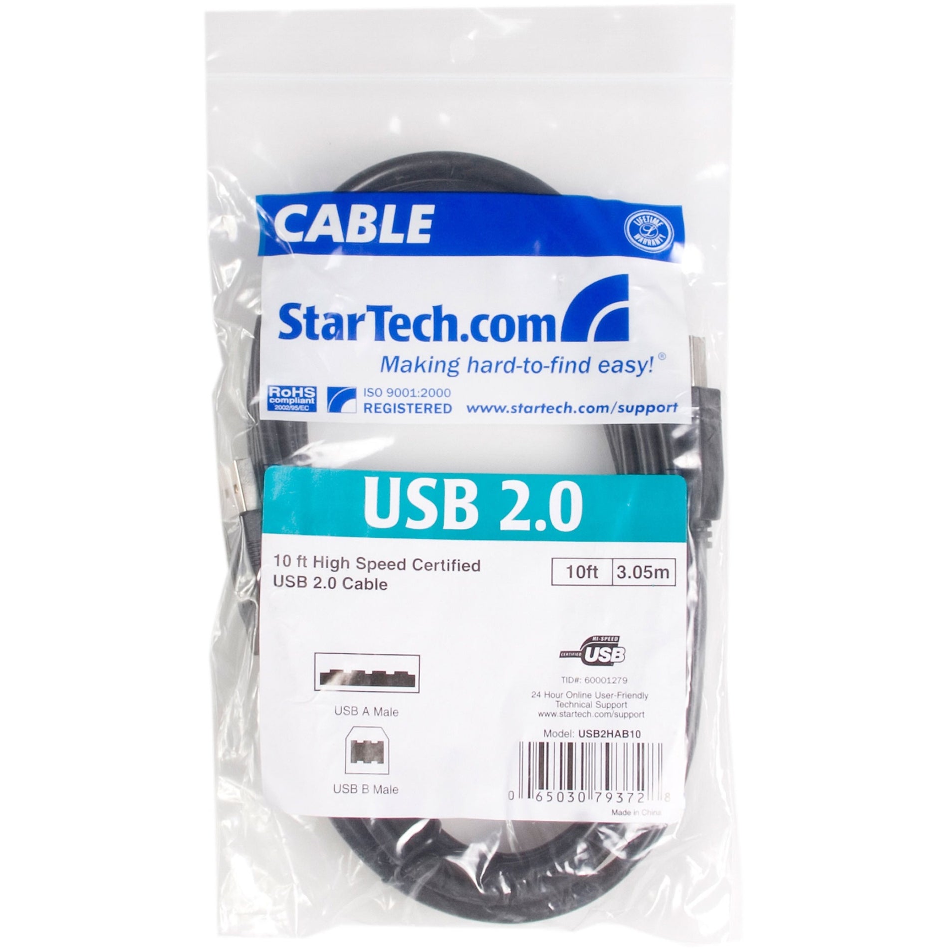 StarTech.com USB2HAB10 High Speed Certified USB 2.0 USB Cable, 10 ft Data Transfer Cable