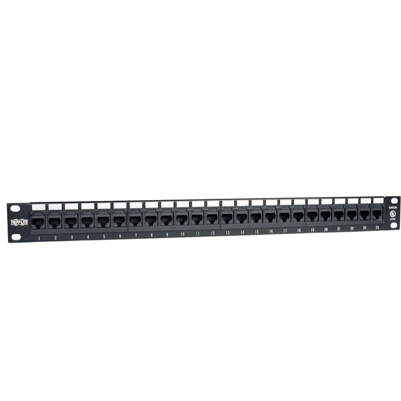 Angled view of the Tripp Lite Cat5e patch panel showing all 24 numbered ports and mounting brackets