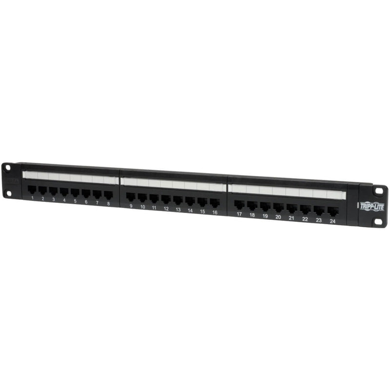 Front view of Tripp Lite N052-024 24-port Cat5e patch panel showing numbered ports and rack-mount design