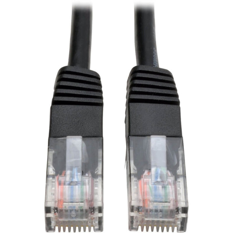 Close-up view of two RJ45 connectors with transparent housings and black strain relief on Cat5e network cable