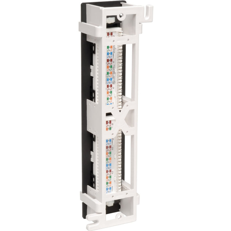 Rear view of patch panel showing color-coded 110 termination blocks and wiring scheme