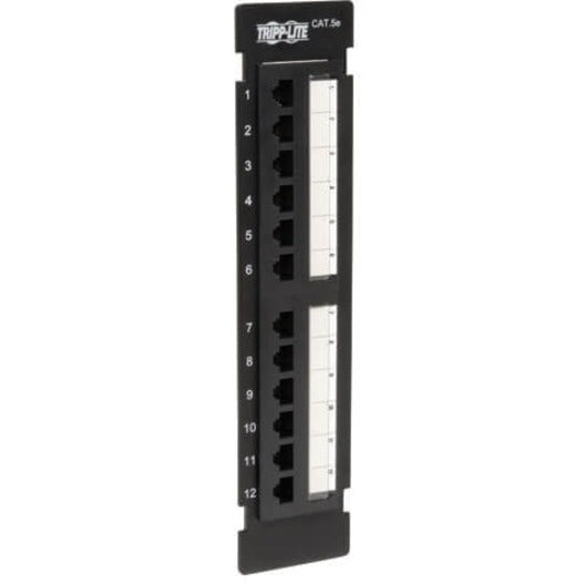 Front view of Cat5e patch panel showing port layout and labeling