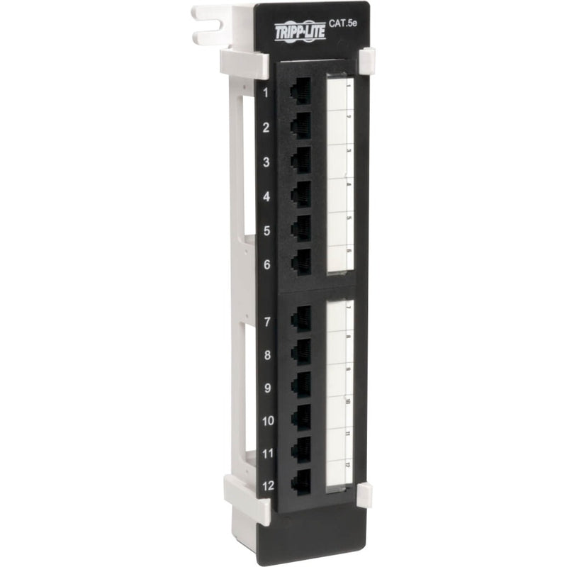 Front view of Tripp Lite 12-port Cat5e wall-mount patch panel showing numbered ports and mounting brackets