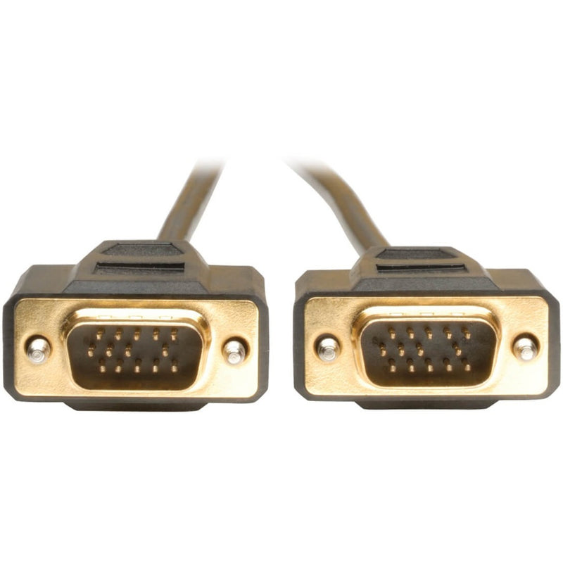 Close-up view of gold-plated HD15 male VGA connectors on both ends of Tripp Lite P512-010 monitor cable