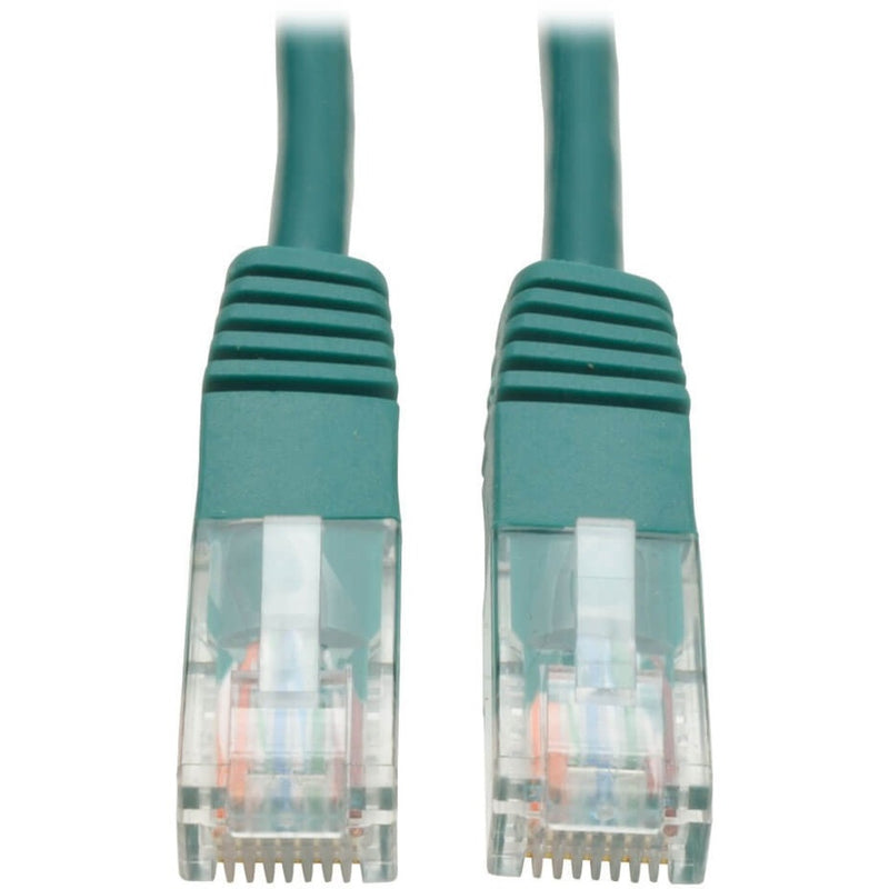 Close-up view of two green Cat5e RJ45 connectors showing transparent housing and internal wiring configuration