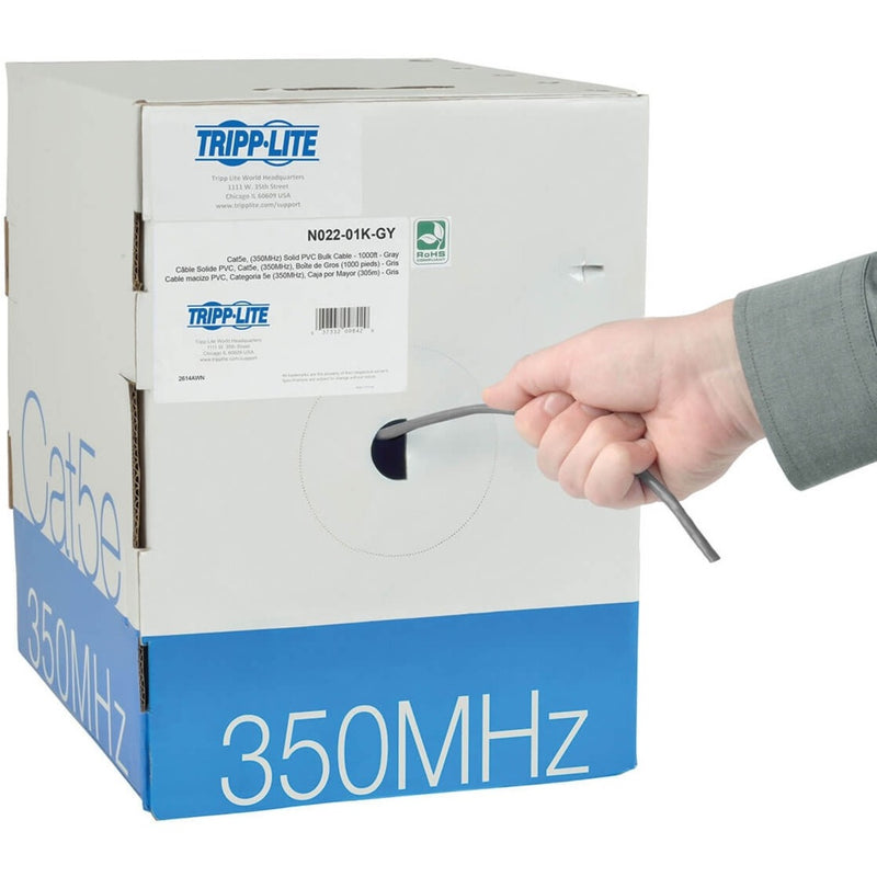 Tripp Lite Cat5e cable box showing product specifications and RoHS compliance