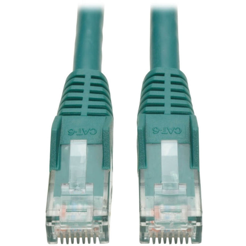 Close-up view of two green Cat6 RJ-45 connectors with snagless boots and gold-plated contacts