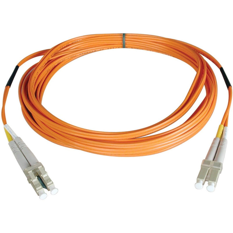 Tripp Lite orange fiber optic patch cable with LC connectors on both ends, coiled to show 10-meter length