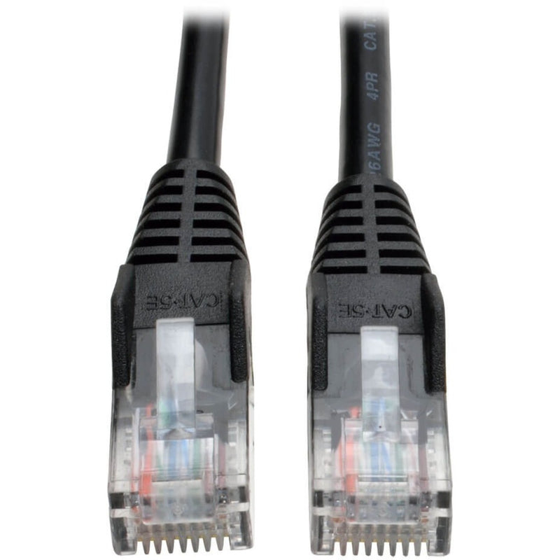 Close-up view of two transparent RJ45 connectors with strain relief boots on Tripp Lite Cat5e black ethernet patch cable