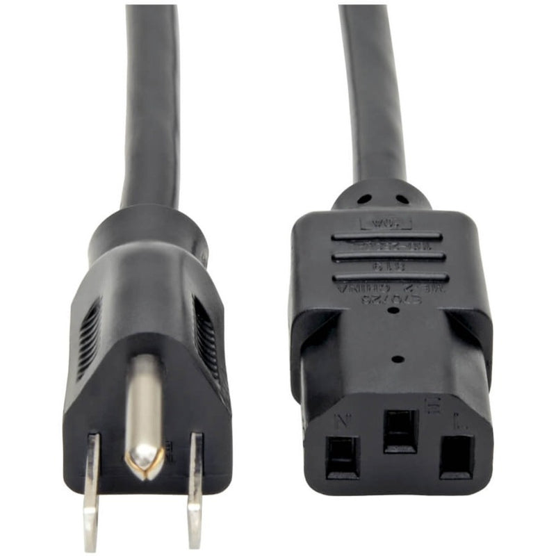 Close-up view of NEMA 5-15P plug and IEC-320-C13 receptacle connectors on Tripp Lite power cord