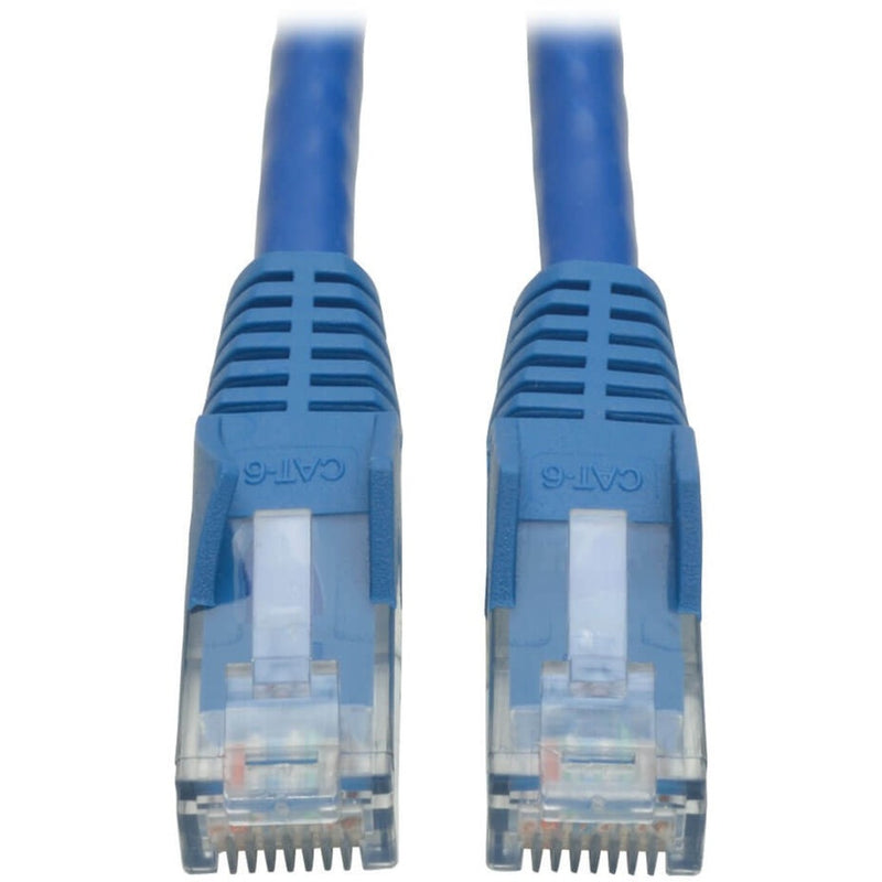 Close-up view of blue Cat6 cable ends showing transparent RJ-45 connectors with gold contacts and blue strain relief boots