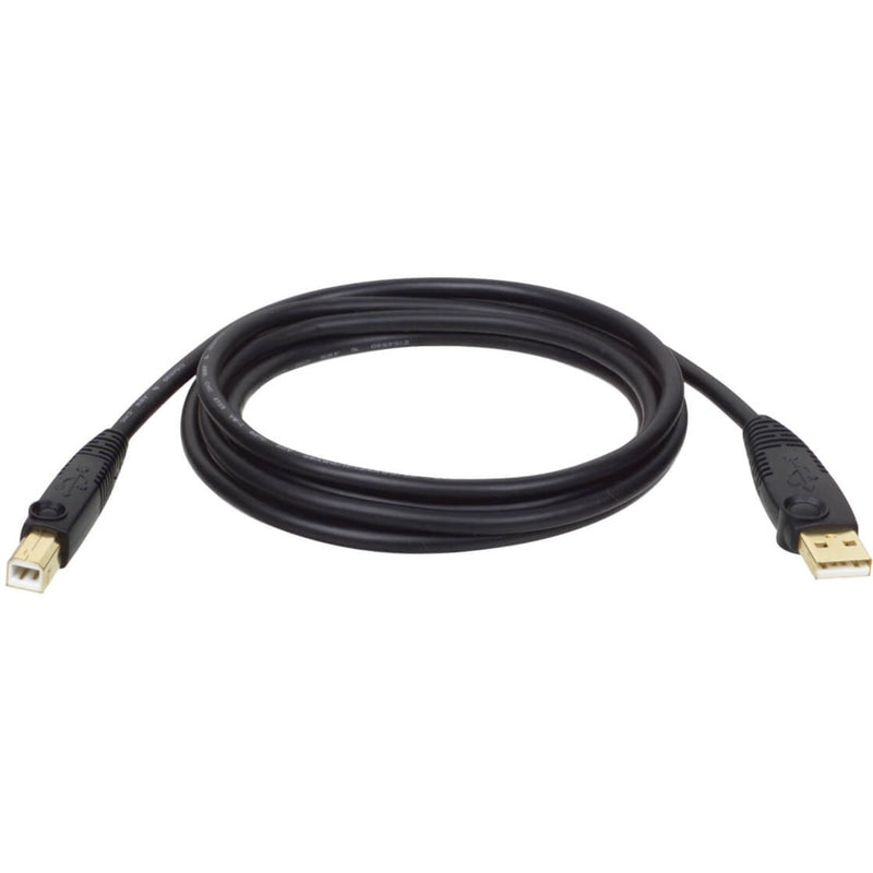 Black USB 2.0 cable with gold-plated Type A and Type B connectors, showing 6-foot length with premium double-shielded construction