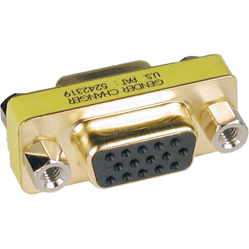 Gold-plated HD15 female to female VGA gender changer adapter with mounting screws shown against white background