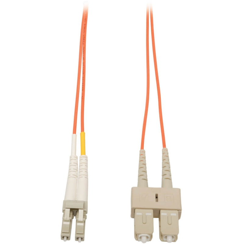 Tripp Lite N316-02M duplex fiber optic patch cable with orange jacket showing LC connectors on one end and SC connectors on the other end