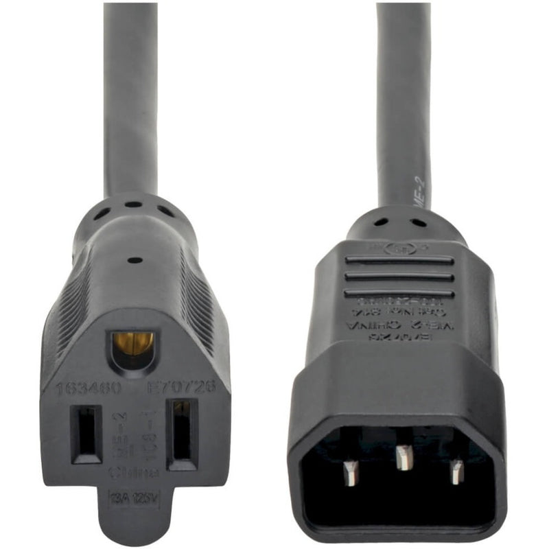 Close-up view of Tripp Lite power cable connectors showing NEMA 5-15R and IEC-320-C14 ends