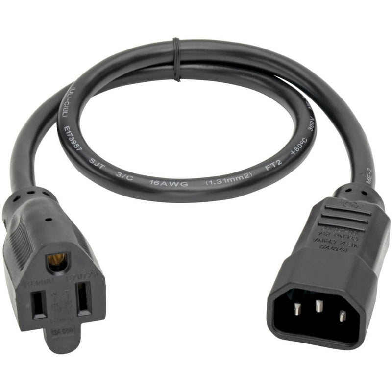 Full length view of Tripp Lite P002-002 power cable showing both connectors and cable specifications