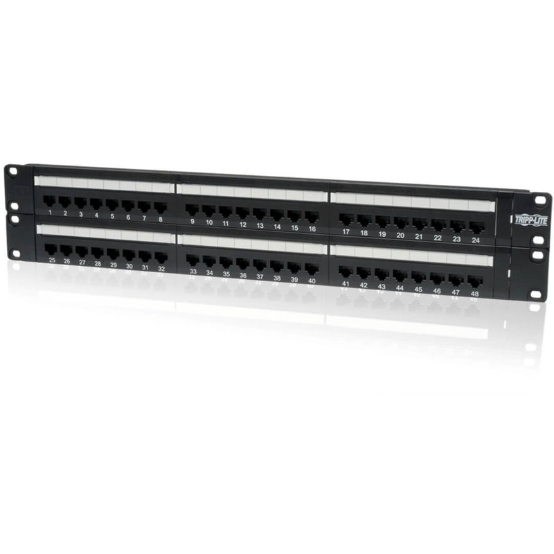 Front view of Tripp Lite N052-048 48-port Cat5e patch panel showing numbered ports and rack-mount design