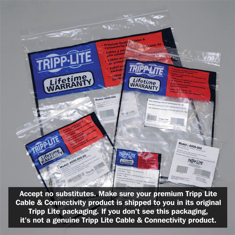 Tripp Lite cable packaging displaying lifetime warranty information and authenticity verification