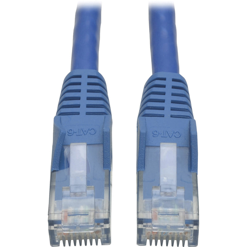 Close-up view of two blue Cat6 RJ-45 connectors with gold-plated contacts and snagless boots