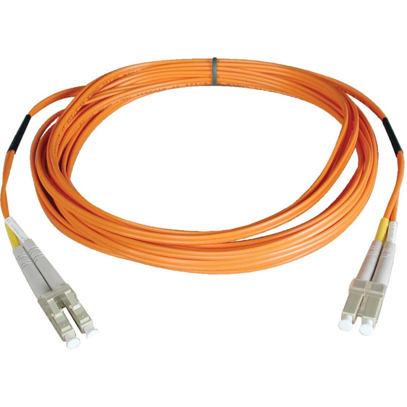 Tripp Lite orange fiber optic patch cable with LC connectors, 10 feet length, coiled view showing both terminations